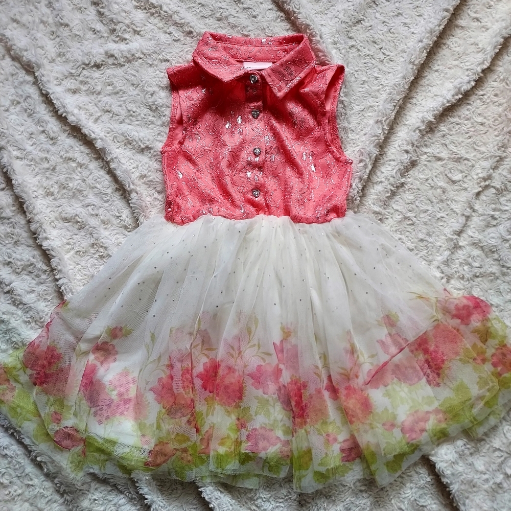 Lovely Little Lass Pink Peach Floral Tulle Party dress Girly Fairy Spring Sz 6